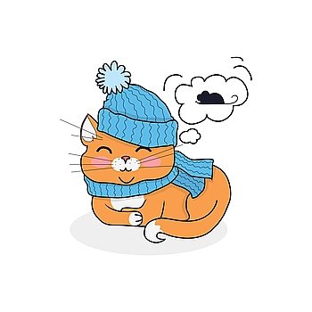 Sleeping cat in hat and scarf design. Kitten sleep or sleeping, cat cute animal cartoon pet, domestic cat sleep in hat isolated dreaming about the mouse, kitten sleeping. Vector illustration
