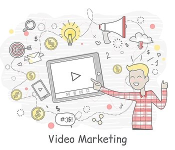 Video marketing business design flat. Online video, internet marketing, business web, internet technology and media social marketing, network online, vector illustration