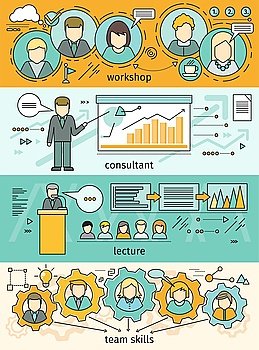 Banner set workshop and team skills. Business education, consulting and educational lectures. Team skills work. Teamwork development work and training, meeting and seminar. Vector illustration