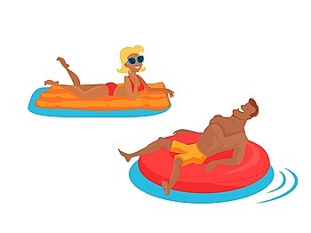 Happy family bathing in the sea. Man lies on an inflatable circle. Woman floating on a mattress in the sea. Happiness, holiday and cheerful swimming people, vector illustration