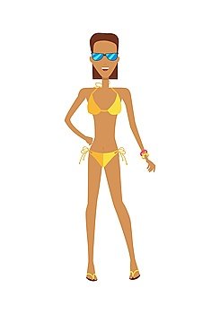 Female Character in Bikini and Sunglasses Illustration. Female character in bikini and sunglasses vector flat design illustration. Beautiful woman ready for summer vacation ant beach entertainments standing isolated on white background.