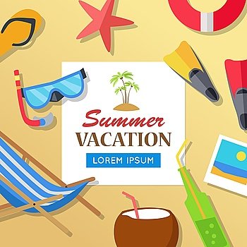 Summer time vacation concept illustration. Leisure on tropical sunny beach banner. Beach slippers, diding mask, chair, drinks, starfish, coconut, photo on sand flat style design vector.