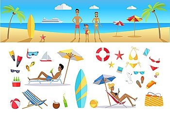Summer Vacation Concept Template Set. Big set summer vacation items in flat design. Leisure with family on tropical sunny beach with palm trees vector illustration. Variety of things for entertainment on beach and water in flat design.