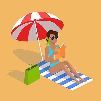Summer Vacation on Tropical Beach Illustration. Summer vacation. Vector flat design. Leisure on tropical sunny seaside. Woman reading book in the shade of umbrella on a sand beach in the tropical country. Sunbathing and relaxing on the towel.