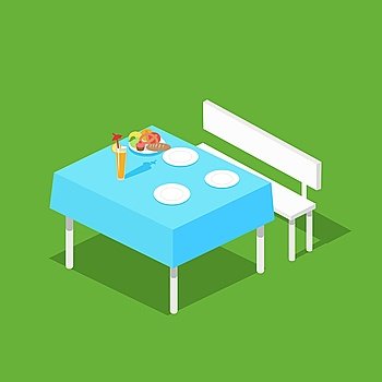 Picnic isometric table with dishes flat design concept. Table with food, white plate with meal for dinner or lunch, nutrition dining on tablecloth and breakfast taste eating. Vector illustration