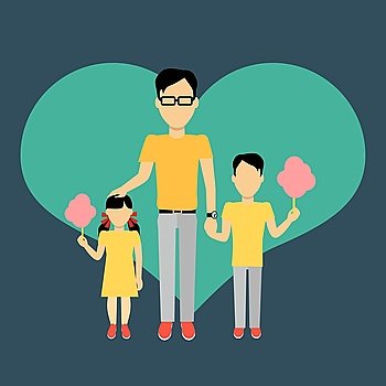 Father with children banner concept. Daddy holding hand of his daughter and son. Family and parent, girl and boy with dad, happiness together love parenting brother and sister, vector illustration