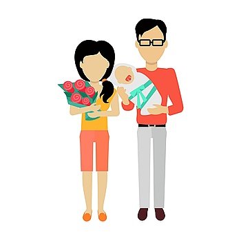 Happy family concept banner design flat style. Young family man and a woman with a newborn baby and a bouquet of flowers. Mother and father with child happiness lifestyle, vector illustration