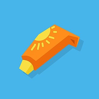 Sunscreen Care Sun Protection. Sunscreen care sun protection. Cosmetics container orange cream icon in flat style isolation on blue background. Vector illustration