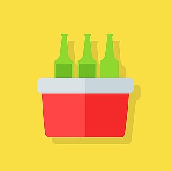 Portative Beach Freezer Bag. Portative beach freezer bag flat design icon. Picnic cooling lunch box isolated on yellow background. Small freezer-bag in red color with drinks. Vector illustration