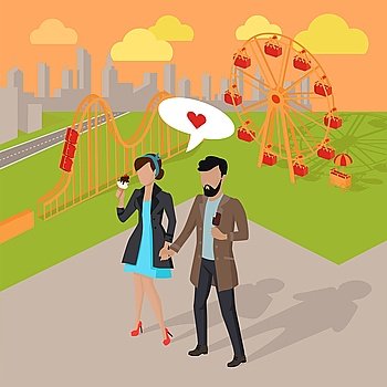 Date in the Amusement Park Illustration. Couple in love spending time in the amusement park vector illustration. Male and female dating concept. Man and woman eating ice-cream near attractions.