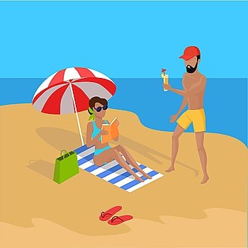 Summer Vacation on Tropical Beach Illustration. Summer vacation concept illustration. Vector flat design. Leisure on tropical sunny seaside with family. Beach entertainments and games. Cold drinks and relaxation on seacoast.
