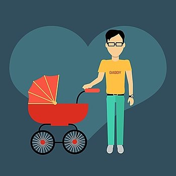 Father with a baby carriage banner design flat. Parent father walking with baby in the baby carriage. Daddy young happy with toddler, male and fatherhood, love and happiness, vector illustration