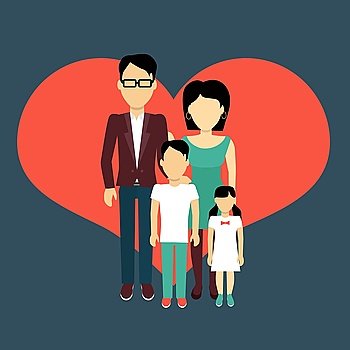 Happy family concept banner design flat style. Young family man and a woman with a son and daughter. Mother and father with child happiness lifestyle, vector illustration
