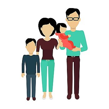 Happy family concept banner design flat style. Young family man and a woman with a son and baby daughter. Mother and father with child happiness lifestyle, vector illustration