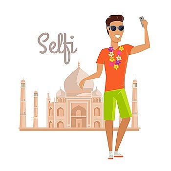 Man Selfie on Summer Vacation in India. Summer vacation in India concept. Journey in exotic countries vector illustration. Selfie on the background of famous historical monuments. Young man taking pictume near Tadj Mahal. Flat Style Design.