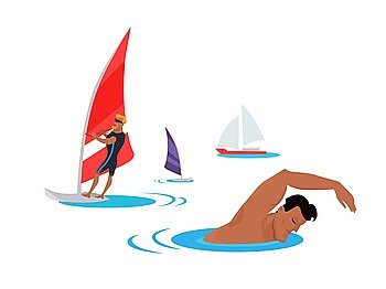 Swimming And Windsurfing on the Coast Illustration.. Summer entertainment concept illustration. Vector flat design. Active vacation on tropical sunny seaside. Water sport. Swimming and windsurfing on the coast in flat design. On white background.