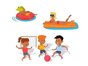 Summer Fun and Entertainments Illustration. Summer fun concept illustration. Beach entertainments and games vector in flat style design. Man and woman swimming on inflatable mattresses. Two boys and girl playing ball. On white background.