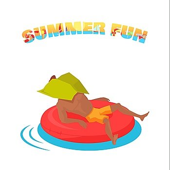 Swimming and Relaxing on the Coast Vector Illustration.. Summer water fun concept illustration. Vector flat design. Active vacation on sunny seaside. Water leasure and entertainment. Man swimming on inflatable circle during the heat. On white background.