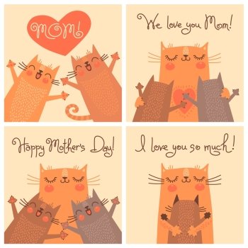 Sweet cards for Mothers Day with cats. Vector illustration.