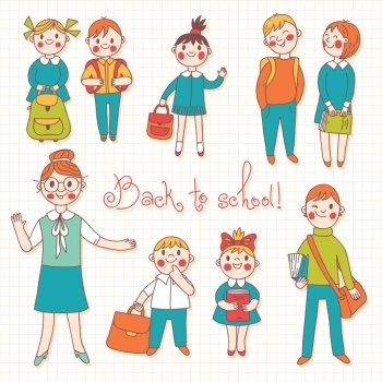 The teacher with the students. Back to school. Vector illustration.