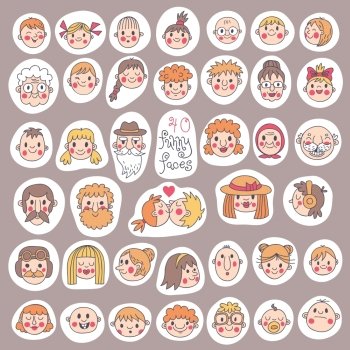 40 Funny Faces. People of all ages. Cute set. Vector illustration