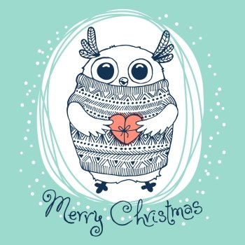 Hand drawn vector illustration with cute eagle owl. Merry Christmas card.