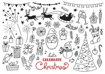 Christmas doodle set of characters and decorations. Santa, Reindeer, Christmas tree, Snowman... Freehand vector drawings isolated over white background.