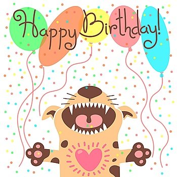 Cute happy birthday card with funny puppy.. Cute happy birthday card with funny puppy. Vector illustration