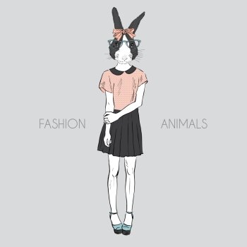 Hand drawn fashion illustration of dressed up bunny hipster