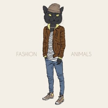 fashion illustration of cat dressed up in casual city style. fashion illustration of black cat dressed up in casual city style