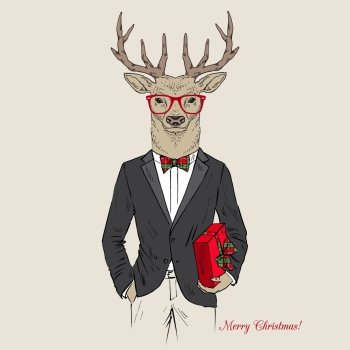 Merry Christmas deer dressed up in tuxedo with a gift