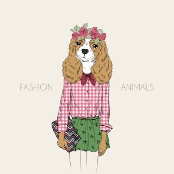 Hand drawn illustration of hipster doggy girl