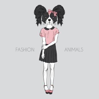 Hand drawn fashion illustration of dressed up doggy hipster