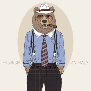 fashion animal illustration, furry art design, bear man  with cigar