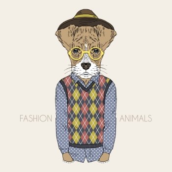 Anthropomorphic design. Hand drawn illustration of dressed up boxer hipster doggy