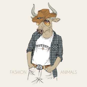Anthropomorphic design. Hand drawn illustration of bull dressed up like cowboy