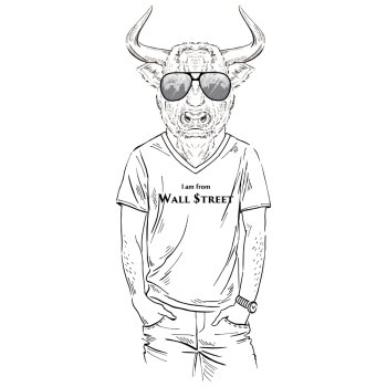 anthropomorphic design. fashion illustration of  bull dressed up in t-shirt