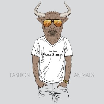 anthropomorphic design. fashion illustration of  bull dressed up in t-shirt