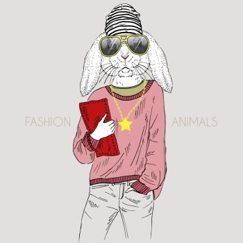 Anthropomorphic design. Illustration of bunny girl dressed up in casual style