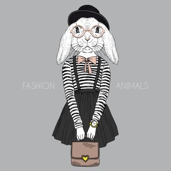 anthropomorphic design. fashion illustration of bunny girl hipster
