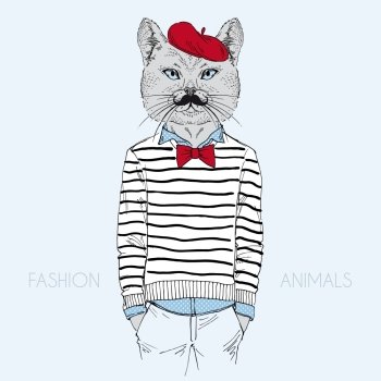 Illustration of dressed up cat, french chic style