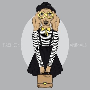 fashion animal illustration, furry art design, dachshund girl hipster