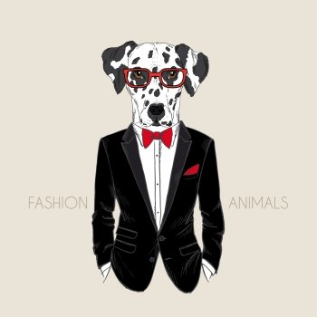 hand drawn illustration of dalmatian dog dressed up in tuxedo