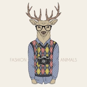 anthropomorphic design. fashion illustration of deer dressed up in hipster style