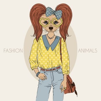 fashion animal illustration, furry art design, doggy girl hipster
