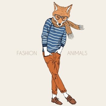 Anthropomorphic design. Hand drawn illustration of fox dressed up in casual style