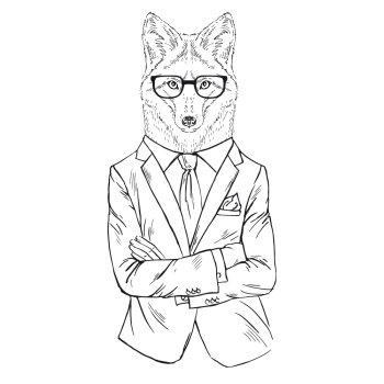 fashion animal illustration, furry art design, fox boy dressed up in office style