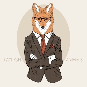 fashion animal illustration, furry art design, fox boy dressed up in office style