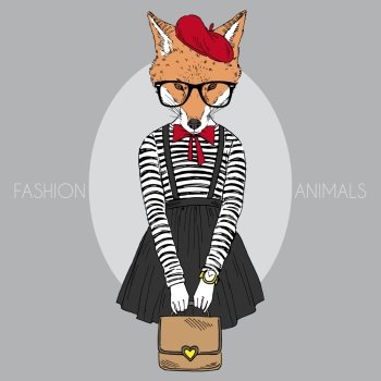 anthropomorphic design. fashion illustration of foxy girll dressed up in french retro style
