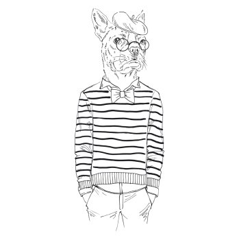 Anthropomorphic design. Hand drawn one color sketch of dressed up french bulldog isolated on white